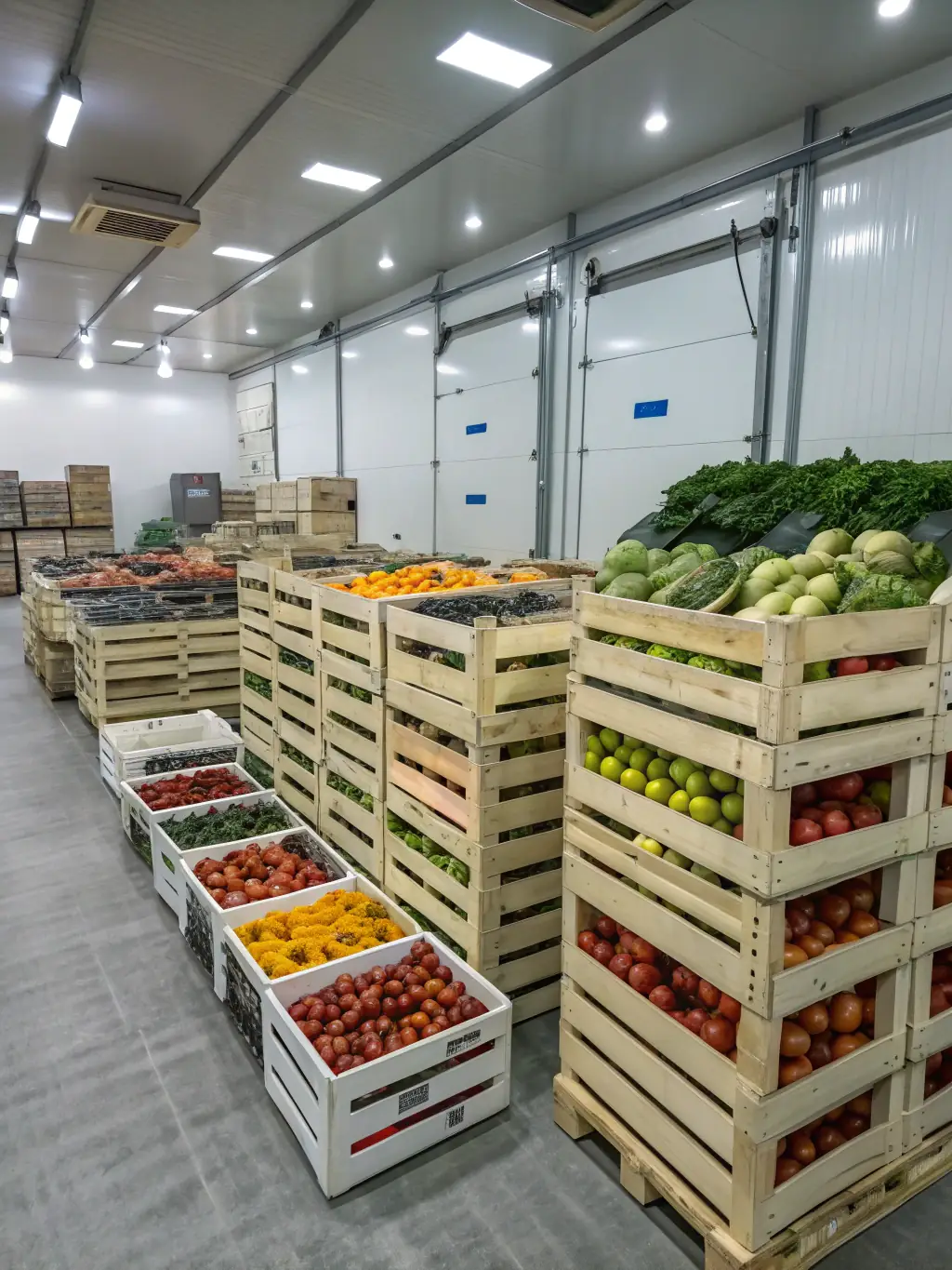 An image of a modern, temperature-controlled storage facility in Riyadh, Saudi Arabia, filled with a variety of fruits and vegetables, emphasizing AequitaZ's commitment to quality and freshness in the region.
