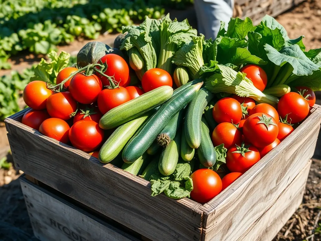 A vibrant, high-resolution image of a crate overflowing with ripe, red tomatoes, showcasing their freshness and quality. The background is a blurred image of a sunny farm.