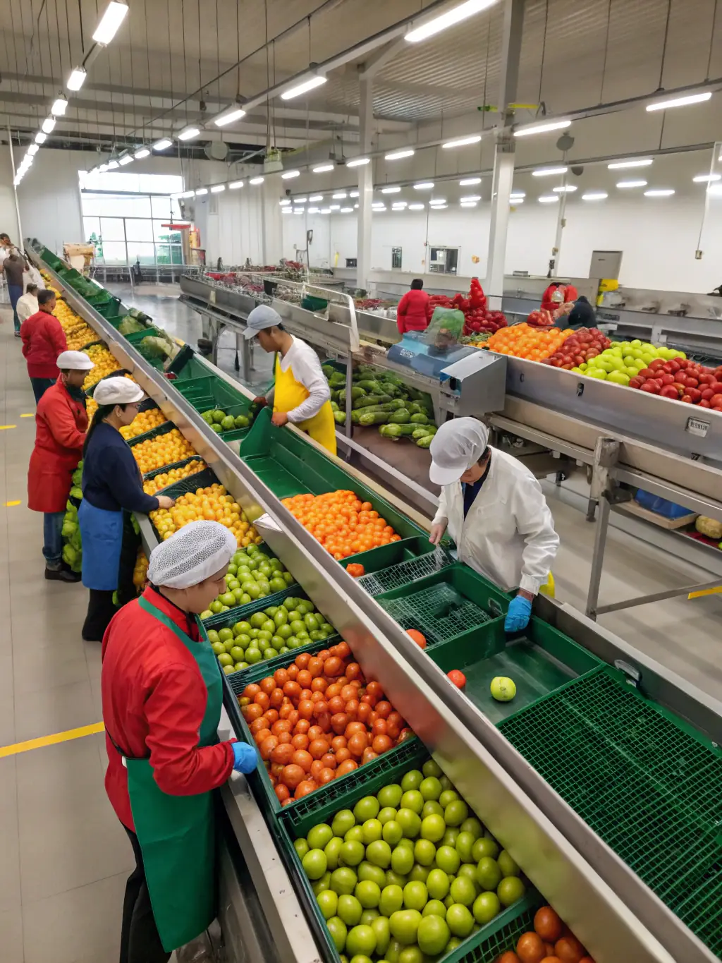 A diverse selection of fresh fruits and vegetables being sorted and packaged in a clean, modern facility, representing AequitaZ's commitment to quality control and efficient distribution across all destinations.