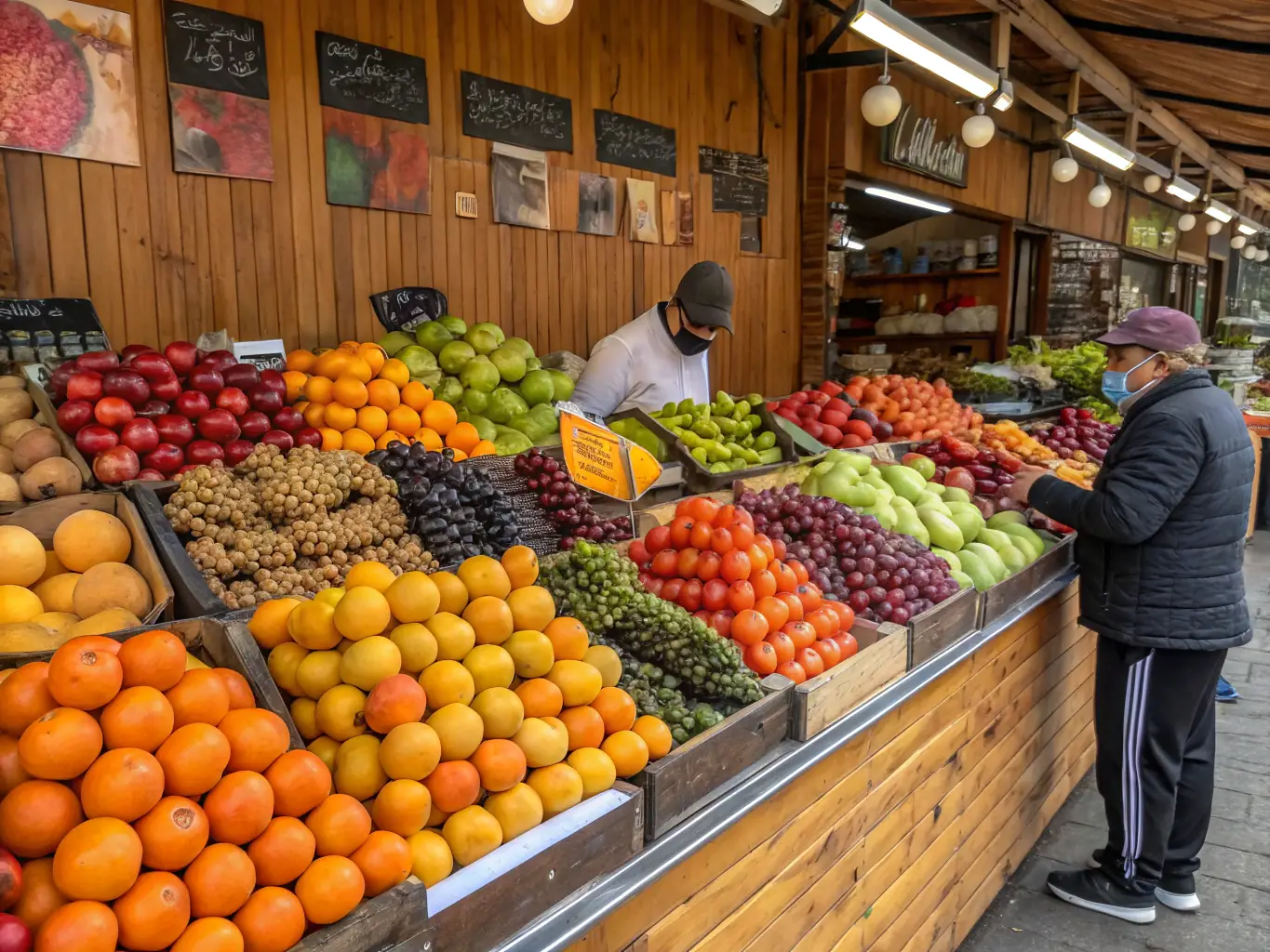 A visually appealing image of a selection of colorful fruits, including oranges, apples, and bananas, arranged in an attractive display. The background is a blurred image of a bustling market.