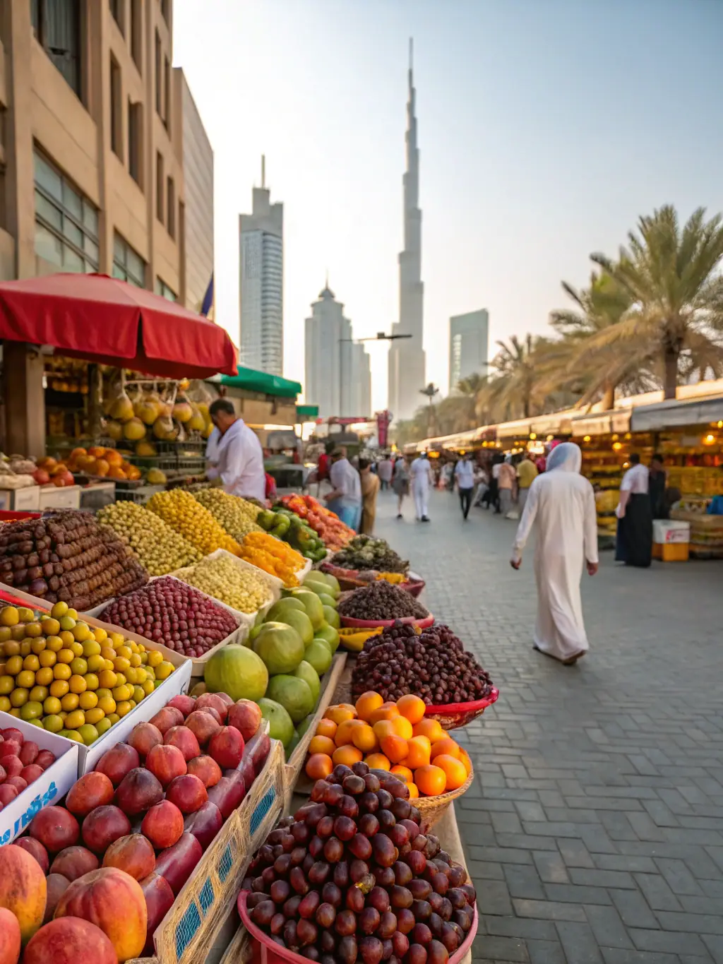 A vibrant image showcasing a bustling marketplace in Doha, Qatar, filled with fresh fruits and vegetables, highlighting the local culinary scene and AequitaZ's presence in the region.
