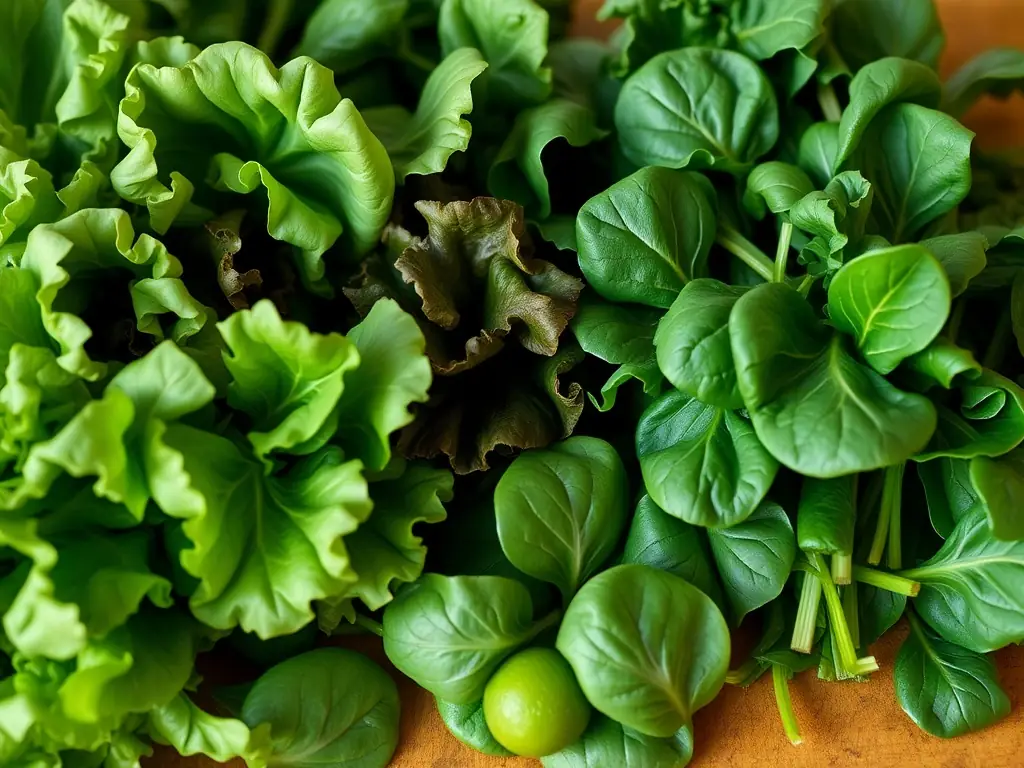 A close-up shot of a variety of leafy green vegetables, such as spinach, kale, and lettuce, arranged to highlight their vibrant colors and textures. The background is a clean, white surface.